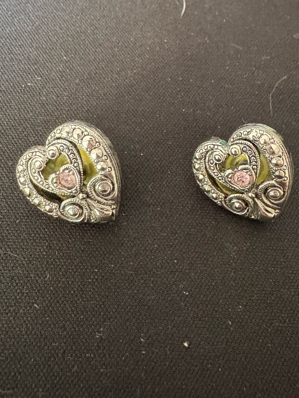 Avon Silver-Tone Filigree Heart Earrings with Pink Centers